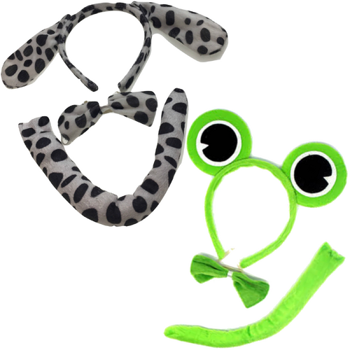 2pc Set Animal Headband w Bow Tail Dog + Frog Ears Hair Costume Halloween Party - Main Image