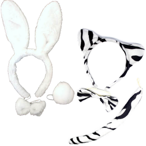 2pc Set Animal Headband w Bow Tail Rabbit + Zebra Ears Costume Halloween Party - Main Image
