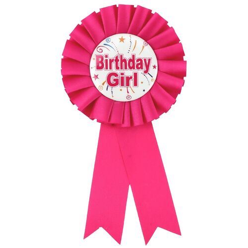 Birthday Girl Ribbon Badge Award Fun Rosette Fancy Dress Party - Hot Pink - Main Image