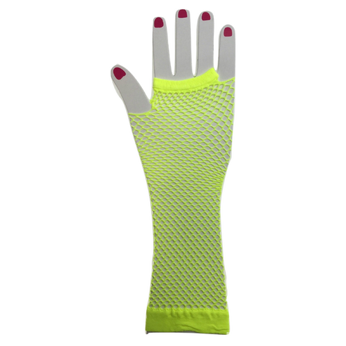 FISHNET GLOVES Fingerless Elbow Length 70s 80s Womens Costume Party Dance - Fluro Yellow - One Size - Main Image