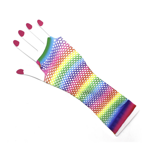 Rainbow Stripe Fishnet Fingerless Gloves 80s Costume Burlesque Mardi Gras Dance - Main Image