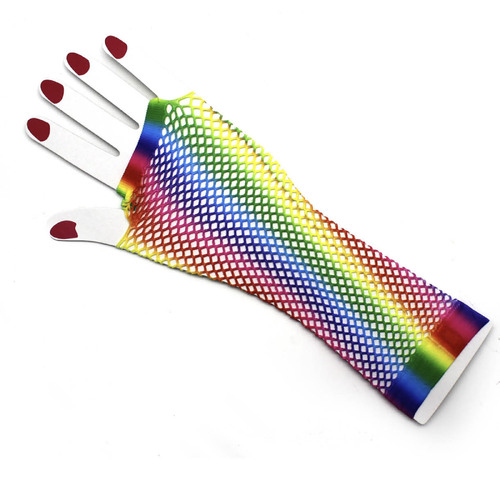 Rainbow Stripe Fishnet Fingerless Gloves 80s Costume Burlesque Dance Mardi Gras - Main Image