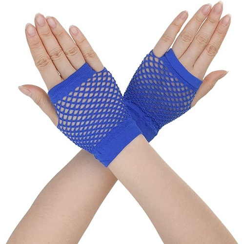 1 Pair Fishnet Gloves Fingerless Wrist Length 70s 80s Costume Party Dance - Blue - Main Image