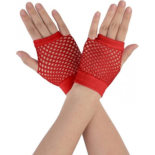 1 Pair Fishnet Gloves Fingerless Wrist Length 70s 80s Costume Party Dance - Red - Main Image