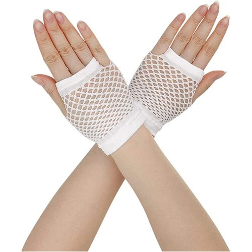 1 Pair Fishnet Gloves Fingerless Wrist Length 70s 80s Costume Party Dance -White - Main Image