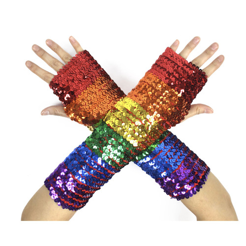 RAINBOW SEQUIN FINGERLESS GLOVES Mardi Gras Gay Pride LGBT Lesbian Party - Main Image