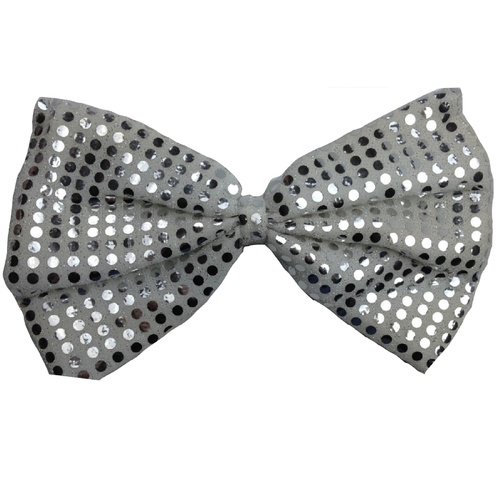 LARGE BOW TIE Sequin Polka Dots Bowtie Big King Size Party  Costume - White/Silver - Main Image