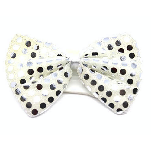 SEQUIN BOW TIE Polka Dots Bowtie Party Unisex Costume  13cm x 9cm Clown - White/Silver - Main Image