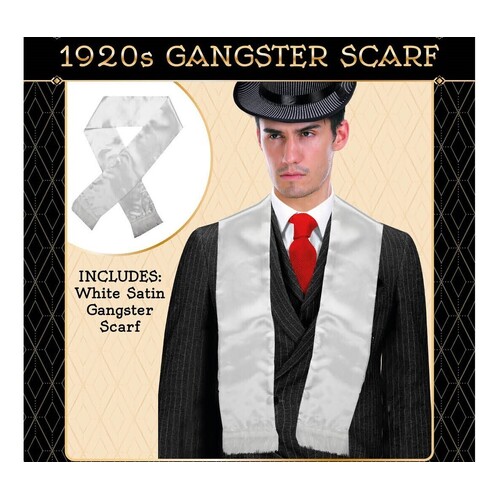Mens Gatsby 1920s Hollywood Gangster White Scarf Silky Soft with Tassels Costume - Main Image