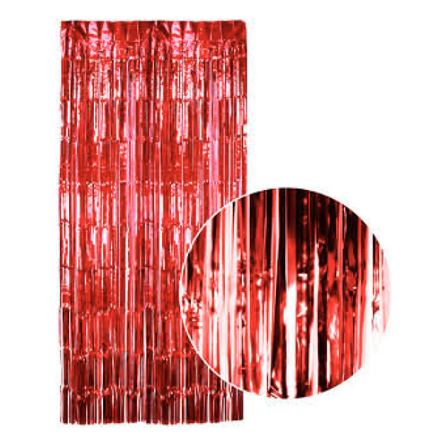 Tinsel Curtain Foil Metallic Fringe Backdrop Party Door Decorations - (200cm x 100cm) - Red - Main Image