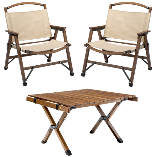 Bamboo Foldable Camping Table + 2 Chairs Waterproof Wood Wooden Travel Set Kit - Main Image