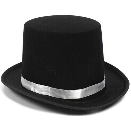 BLACK SATIN TOP HAT w Silver Ribbon Band Costume Mad Hatter Party Magician - Main Image