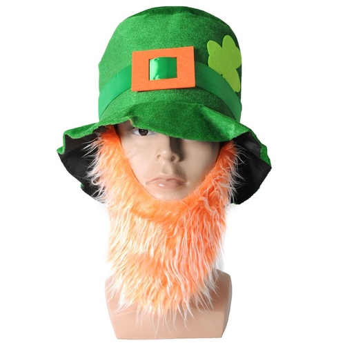 St Patricks Day Green Top Hat w/ Beard Iris Party Dress Up Ireland Halloween Cap - Main Image