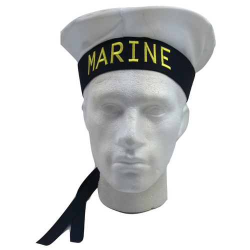 MARINE HAT Cap White BLACK Skipper Navy Sea Fancy Dress Sailor Costume Accessory - Main Image