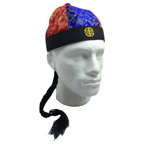 CHINESE LANDLORD HAT Oriental Asian Cap w Ponytail Party Costume Traditional - Blue/Red - Main Image
