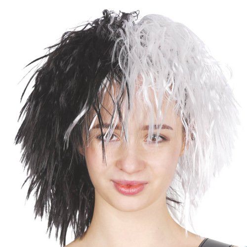 EVIL LADY WIG Messy Curly Hair Costume Dalmatian Villain Fancy Dress Accessory - Black/White - Main Image