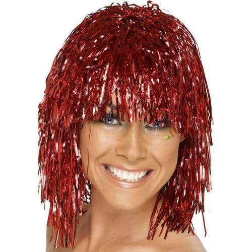 Tinsel Metallic Wig 70s 50s 20s Costume Mens Womens Unisex Disco Fancy Dress Up - Red - Main Image