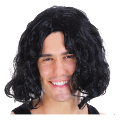 MENS WAVY WIG Curly Long Hair Disco Punk Rock Party Costume 60s 70s - Black - Main Image