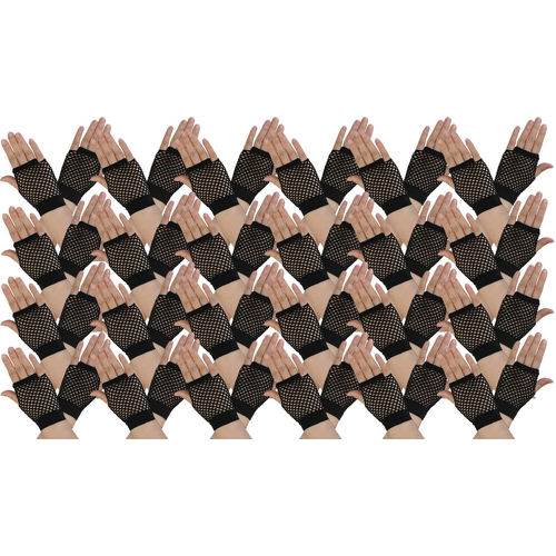 24 Pair Fishnet Gloves Fingerless Wrist Length 70s 80s Costume Party - Black - Main Image