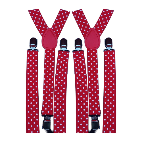 2x Mens Suspenders Braces Adjustable Strong Clip On Elastic Formal Wedding Slim - Red with White Polka Dot - Main Image
