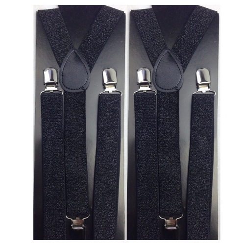 2x Mens Suspenders Braces Adjustable Strong Clip On Elastic Formal Wedding Slim - Black (Glitter) - Main Image