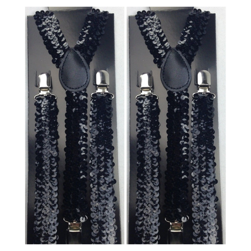 2x Mens Suspenders Braces Adjustable Strong Clip On Elastic Formal Wedding Slim - Black (Sequin) - Main Image
