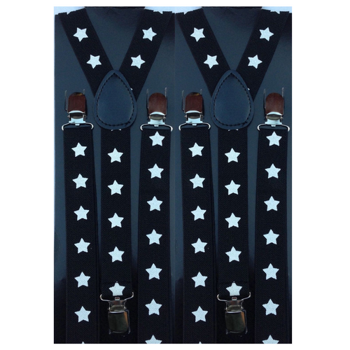 2x Mens Suspenders Braces Adjustable Strong Clip On Elastic Formal Wedding Slim - Black with White Stars - Main Image