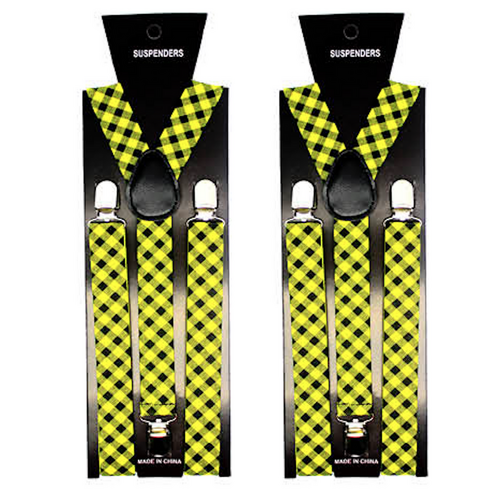 2x Mens Suspenders Braces Adjustable Strong Clip On Elastic Formal Wedding Slim - Black/Yellow Check - Main Image