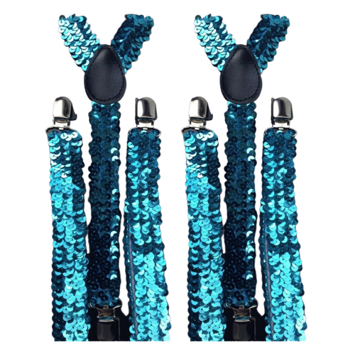 2x Mens Suspenders Braces Adjustable Strong Clip On Elastic Formal Wedding Slim - Blue (Sequin) - Main Image
