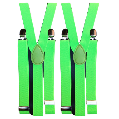 2x Mens Suspenders Braces Adjustable Strong Clip On Elastic Formal Wedding Slim - Fluro Green - Main Image