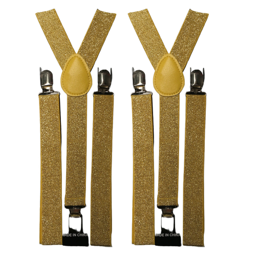 2x Mens Suspenders Braces Adjustable Strong Clip On Elastic Formal Wedding Slim - Gold (Glitter) - Main Image