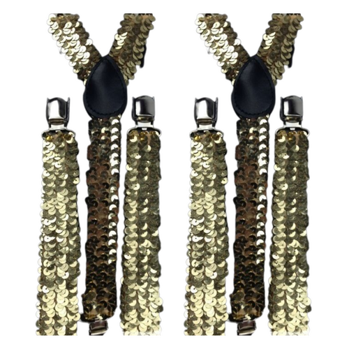 2x Mens Suspenders Braces Adjustable Strong Clip On Elastic Formal Wedding Slim - Gold (Sequin) - Main Image