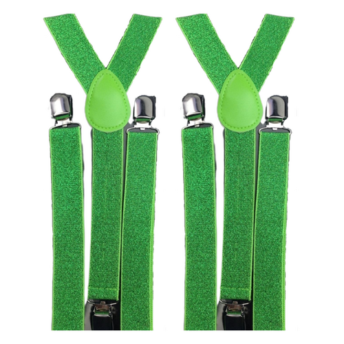 2x Mens Suspenders Braces Adjustable Strong Clip On Elastic Formal Wedding Slim - Green (Glitter) - Main Image