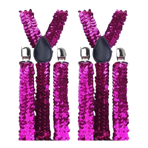 2x Mens Suspenders Braces Adjustable Strong Clip On Elastic Formal Wedding Slim - Hot Pink (Sequin) - Main Image