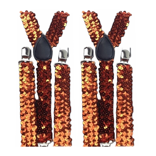 2x Mens Suspenders Braces Adjustable Strong Clip On Elastic Formal Wedding Slim - Orange (Sequin) - Main Image