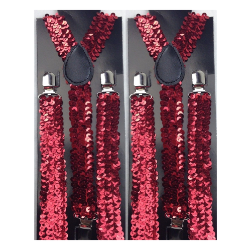 2x Mens Suspenders Braces Adjustable Strong Clip On Elastic Formal Wedding Slim - Red (Sequin) - Main Image