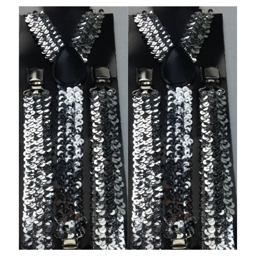 2x Mens Suspenders Braces Adjustable Strong Clip On Elastic Formal Wedding Slim - Silver (Sequin) - Main Image