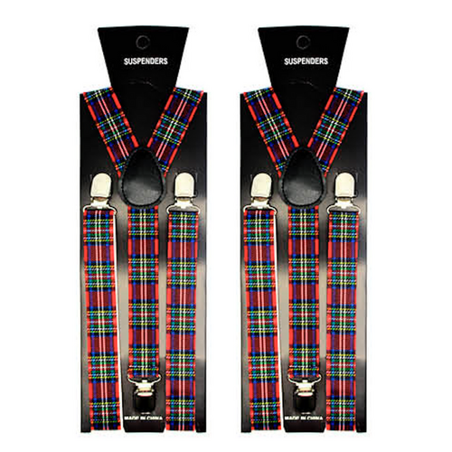 2x Mens Suspenders Braces Adjustable Strong Clip On Elastic Formal Wedding Slim - Tartan 2 - Main Image