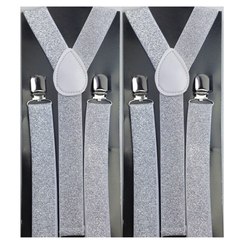 2x Mens Suspenders Braces Adjustable Strong Clip On Elastic Formal Wedding Slim - White (Glitter) - Main Image