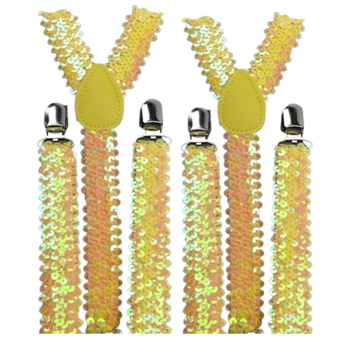 2x Mens Suspenders Braces Adjustable Strong Clip On Elastic Formal Wedding Slim - Yellow (Sequin) - Main Image
