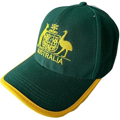 Australia Baseball Cap - Green & Gold with Kangaroo & Emu Design, Adjustable Fit - Main Image