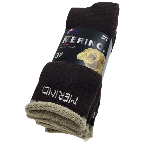 3 Pairs MERINO WOOL SOCKS Mens Heavy Duty Premium Thick Work Socks Cushion - Brown - 11-14 - Main Image