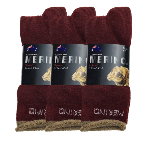 3 Pairs MERINO WOOL SOCKS Mens Heavy Duty Premium Thick Work Socks Cushion - Burgundy - 11-14 - Main Image