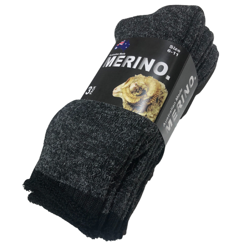 3 Pairs MERINO WOOL SOCKS Mens Heavy Duty Premium Thick Work Socks Cushion - Charcoal - 11-14 - Main Image