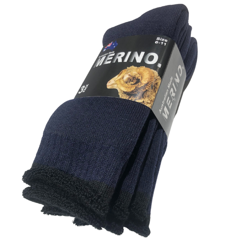 3 Pairs MERINO WOOL SOCKS Mens Heavy Duty Premium Thick Work Socks Cushion - Navy Blue - 11-14 - Main Image
