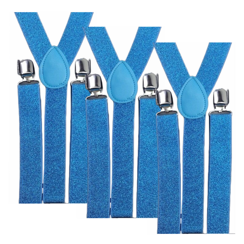 3x Mens Suspenders Braces Adjustable Strong Clip On Elastic Formal Wedding Slim - Sky Blue (Glitter) - Main Image