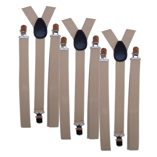 3x Mens Suspenders Braces Adjustable Strong Clip On Elastic Formal Wedding Slim - Beige - Main Image