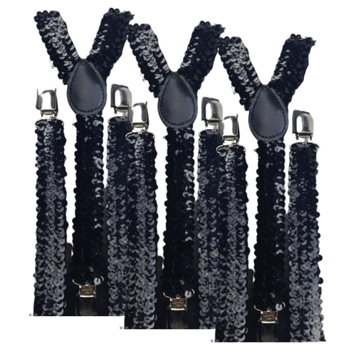 3x Mens Suspenders Braces Adjustable Strong Clip On Elastic Formal Wedding Slim - Black (Sequin) - Main Image