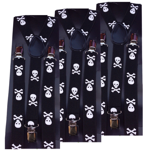 3x Mens Suspenders Braces Adjustable Strong Clip On Elastic Formal Wedding Slim - Black with White Skulls - Main Image