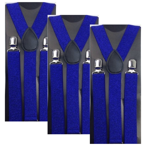 3x Mens Suspenders Braces Adjustable Strong Clip On Elastic Formal Wedding Slim - Blue (Glitter) - Main Image